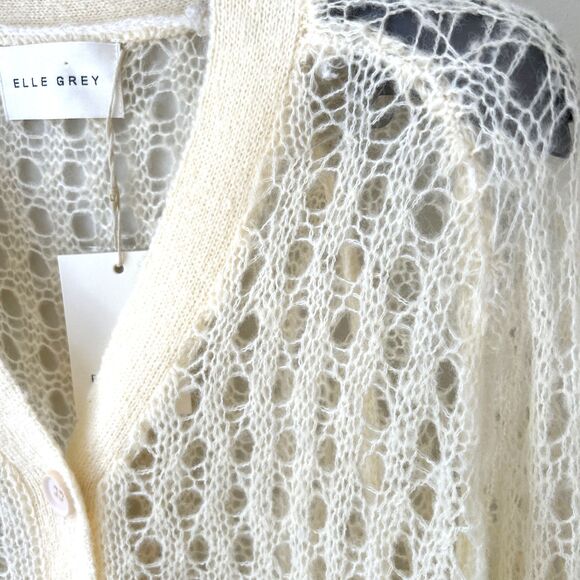Elle Grey Womens Angora Crochet V Neck Cardigan Cream Boho Cottagecore NWT - Picture 4 of 15
